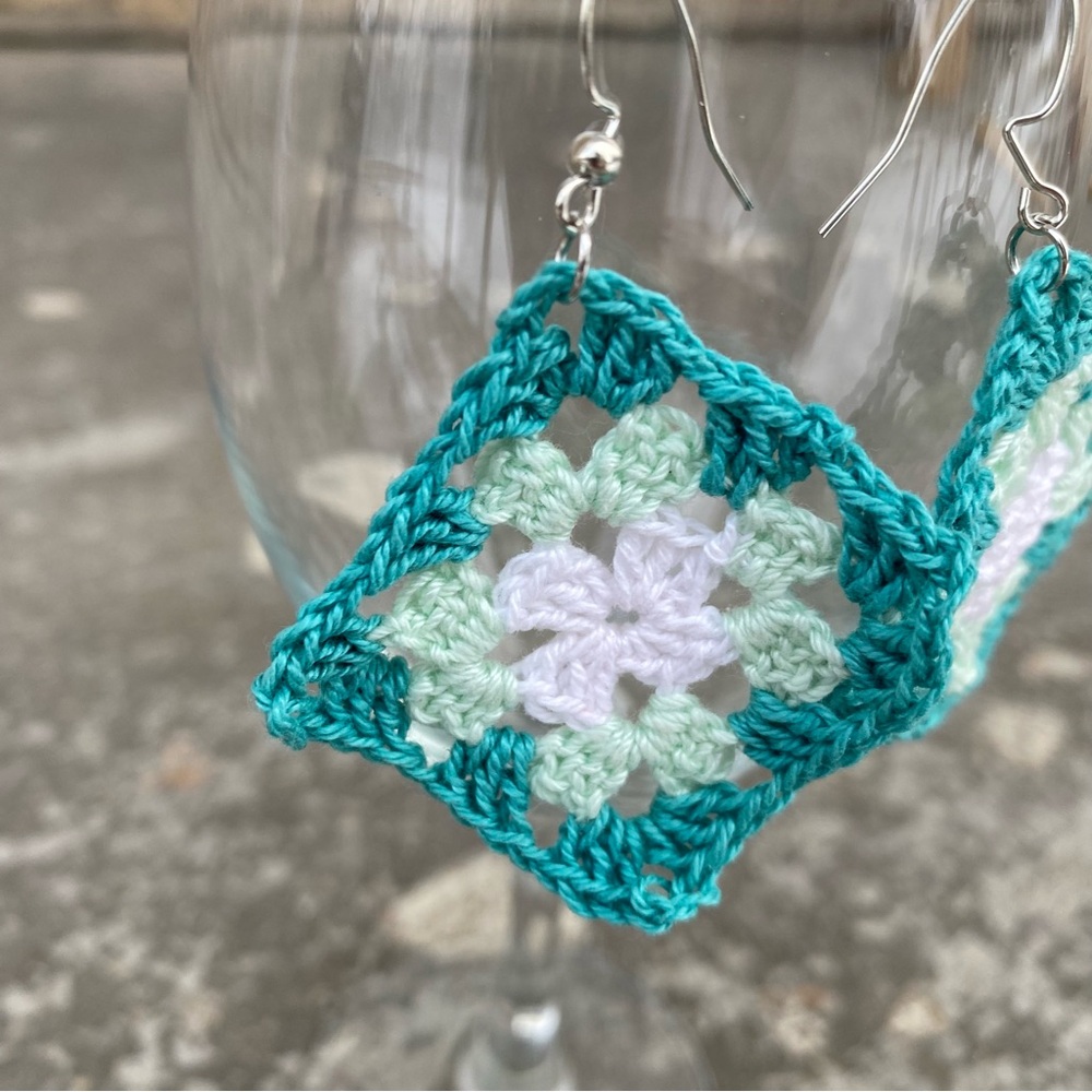 Crochet Granny Square Earrings - Turquoise Mint - Picture 5 of 7